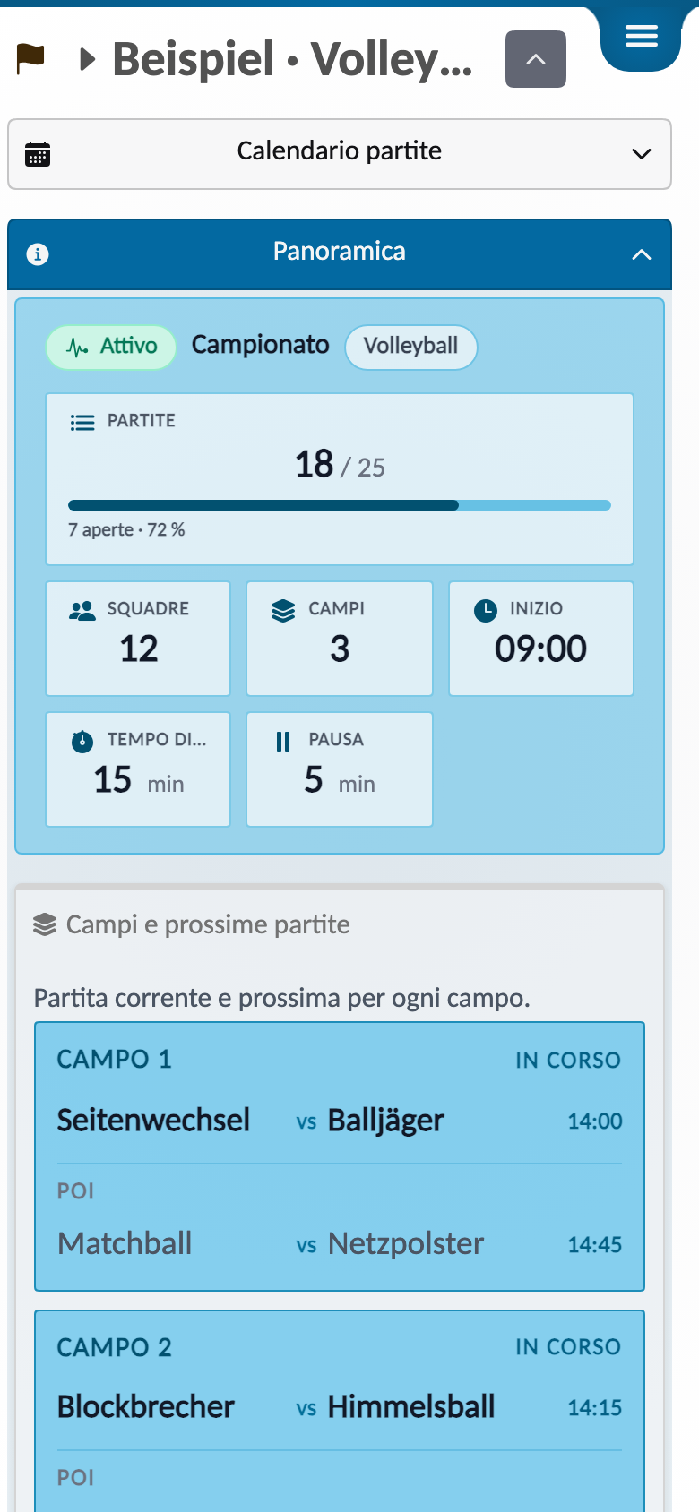 Panoramica di gestione di un torneo di pallavolo con stato, calendario, partite in corso e classifica.