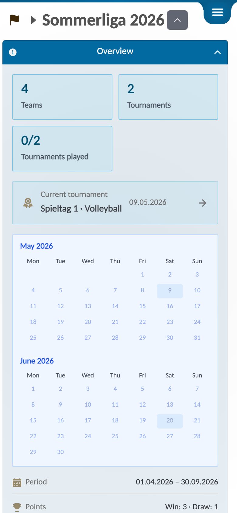 Season management overview for Sommerliga 2026 with season details, teams and linked tournaments.