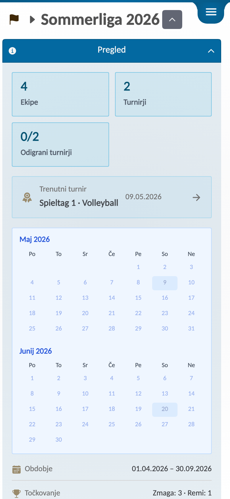 Pregled upravljanja sezone Sommerliga 2026 s podatki o sezoni, ekipami in povezanimi turnirji.