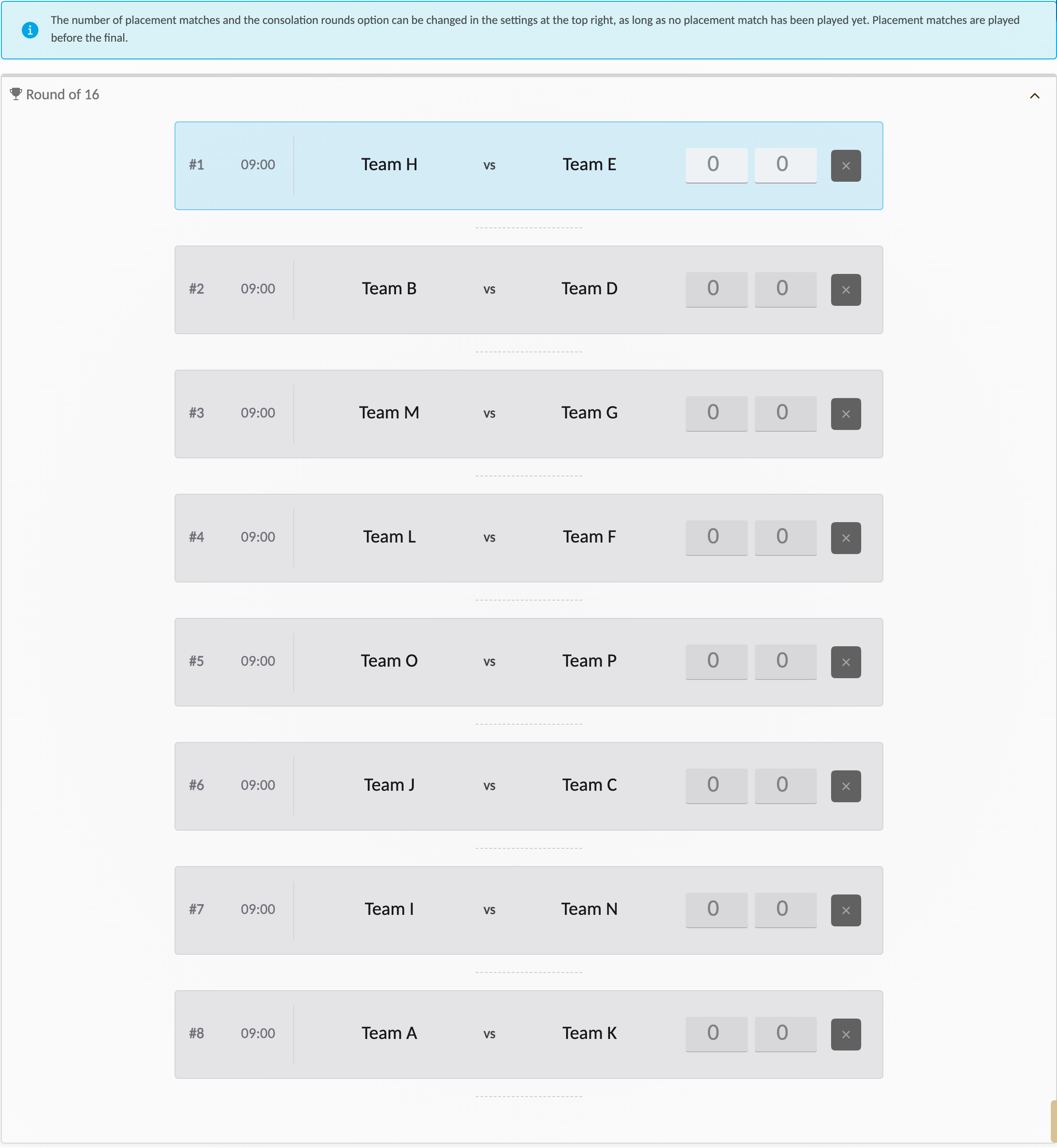 Turniermeister multilevel view: eight round-of-16 matches between teams A to P, all at 09:00, with a note on placement matches and the consolation option.